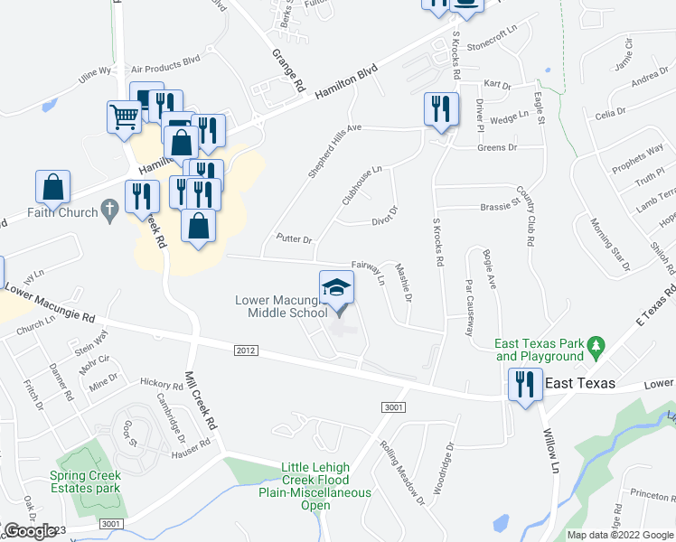 map of restaurants, bars, coffee shops, grocery stores, and more near 6092 Fairway Lane in Wescosville