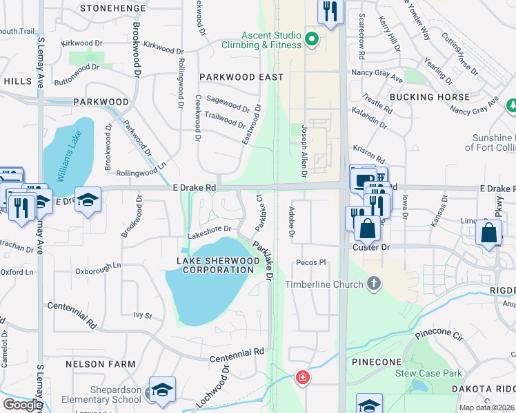 map of restaurants, bars, coffee shops, grocery stores, and more near 2700 Parklake Drive in Fort Collins