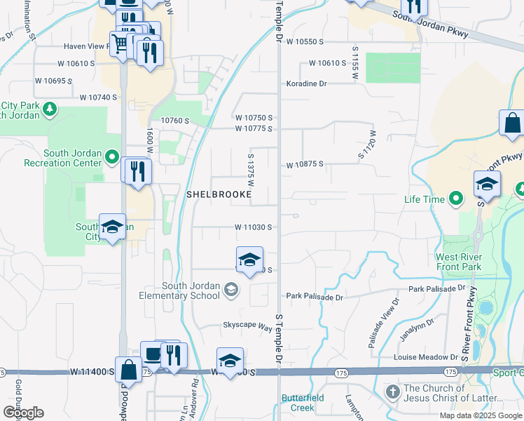 map of restaurants, bars, coffee shops, grocery stores, and more near 1345 Shelbrooke Lane in South Jordan