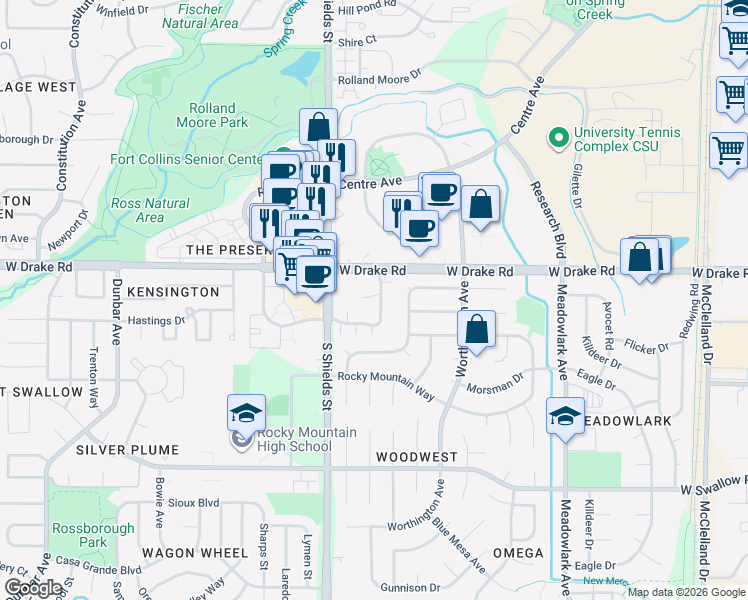 map of restaurants, bars, coffee shops, grocery stores, and more near 1006 Davidson Drive in Fort Collins
