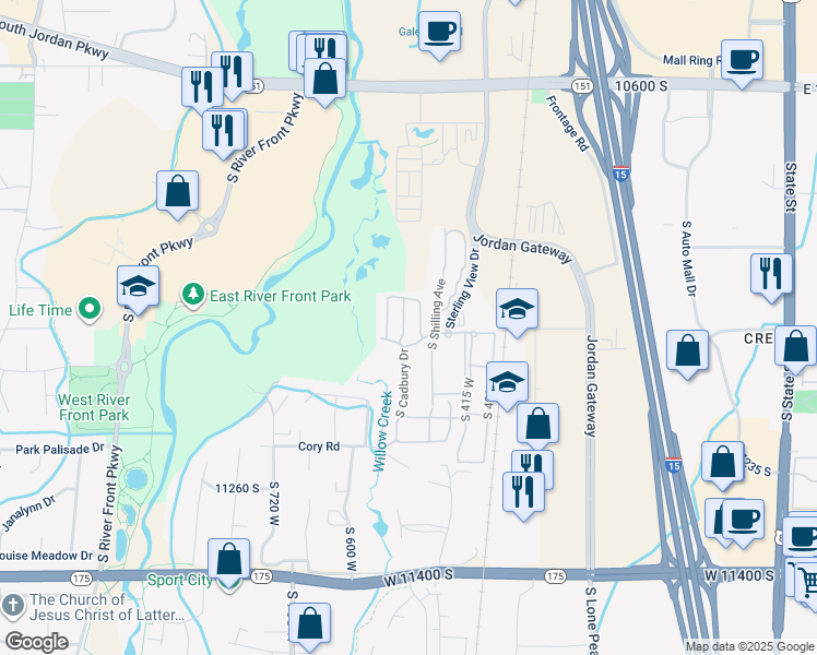 map of restaurants, bars, coffee shops, grocery stores, and more near 10997 Maple Forest Way in South Jordan