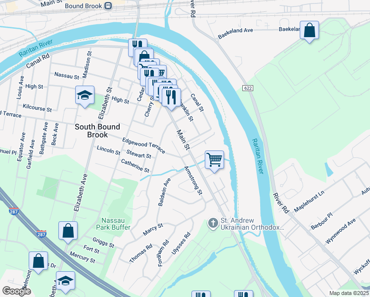 map of restaurants, bars, coffee shops, grocery stores, and more near 152 Main Street in South Bound Brook