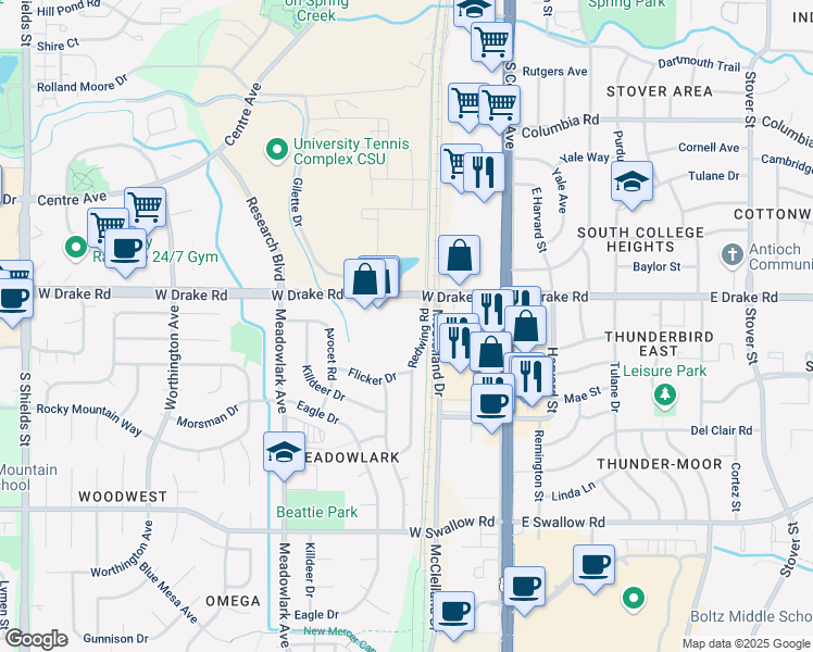 map of restaurants, bars, coffee shops, grocery stores, and more near 2625 Redwing Road in Fort Collins