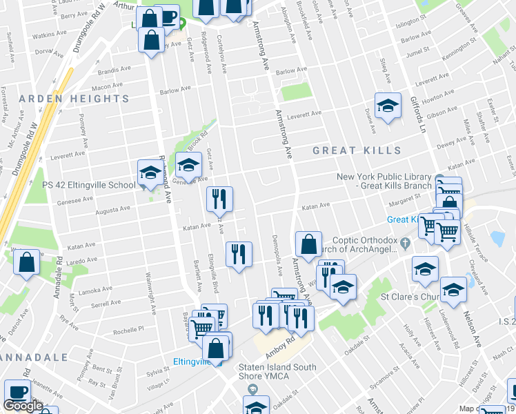 map of restaurants, bars, coffee shops, grocery stores, and more near 311 Cortelyou Avenue in Staten Island