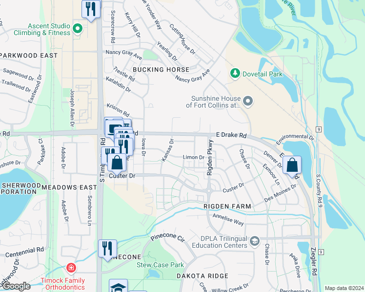 map of restaurants, bars, coffee shops, grocery stores, and more near 2509 Limon Drive in Fort Collins