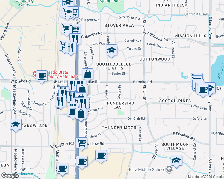 map of restaurants, bars, coffee shops, grocery stores, and more near 411 East Thunderbird Drive in Fort Collins
