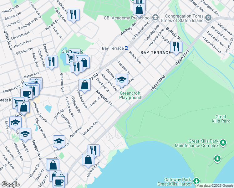 map of restaurants, bars, coffee shops, grocery stores, and more near 120 Maybury Avenue in Staten Island