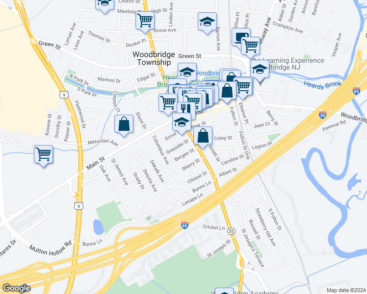 map of restaurants, bars, coffee shops, grocery stores, and more near 151 Bergen Street in Woodbridge Township
