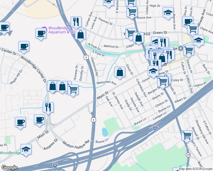 map of restaurants, bars, coffee shops, grocery stores, and more near 272 Main Street in Woodbridge Township