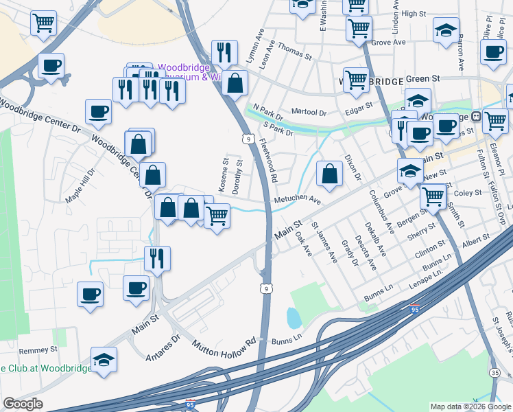 map of restaurants, bars, coffee shops, grocery stores, and more near 173 Metuchen Avenue in Woodbridge Township