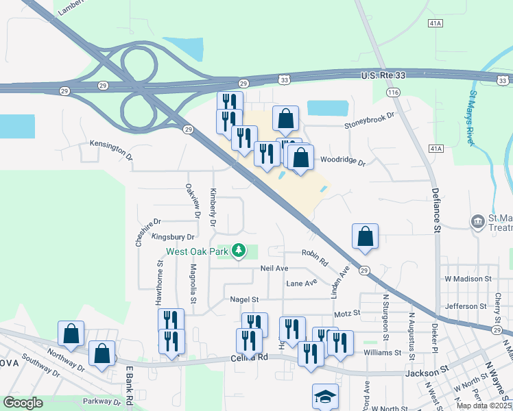 map of restaurants, bars, coffee shops, grocery stores, and more near 1418 Oakland Court in Saint Marys