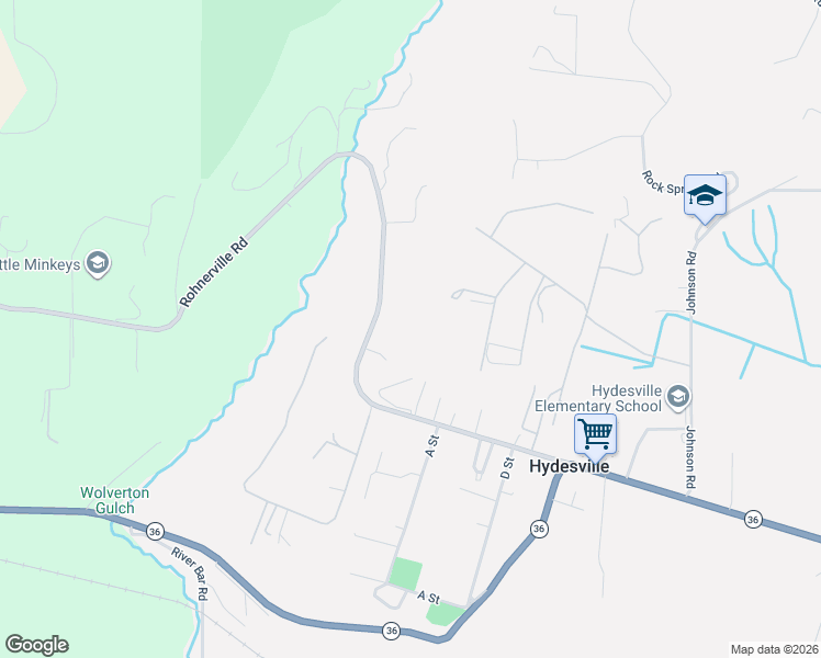 map of restaurants, bars, coffee shops, grocery stores, and more near 6551 Rohnerville Road in Hydesville