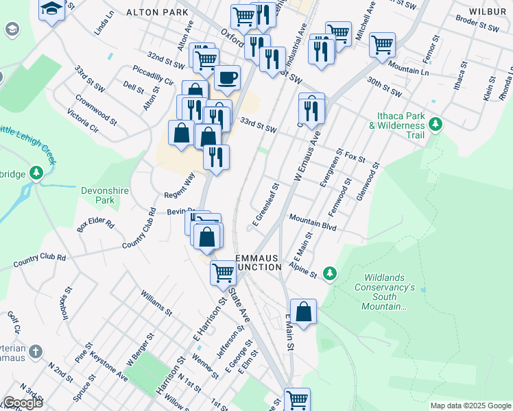 map of restaurants, bars, coffee shops, grocery stores, and more near 530 East Greenleaf Street in Emmaus