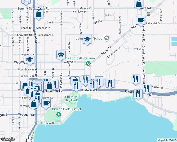 map of restaurants, bars, coffee shops, grocery stores, and more near 585 East Livingston Street in Celina