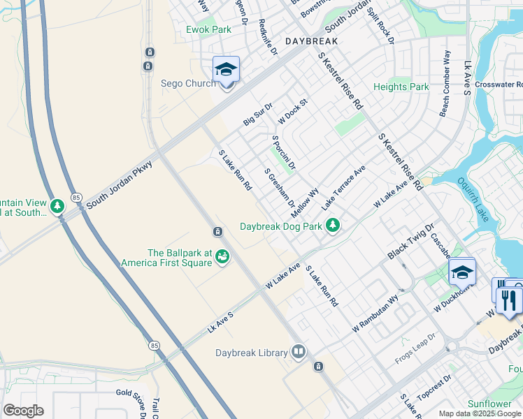 map of restaurants, bars, coffee shops, grocery stores, and more near 10984 South Lake Run Road in South Jordan