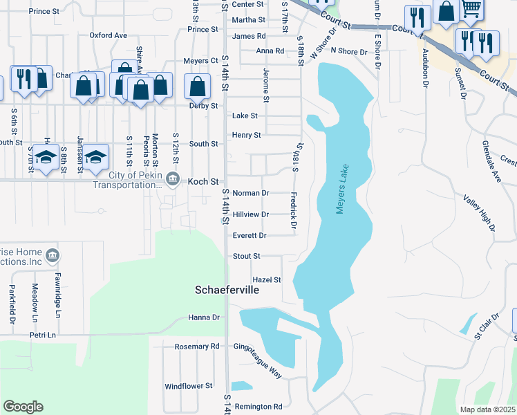 map of restaurants, bars, coffee shops, grocery stores, and more near 1416 Hillview Drive in Pekin