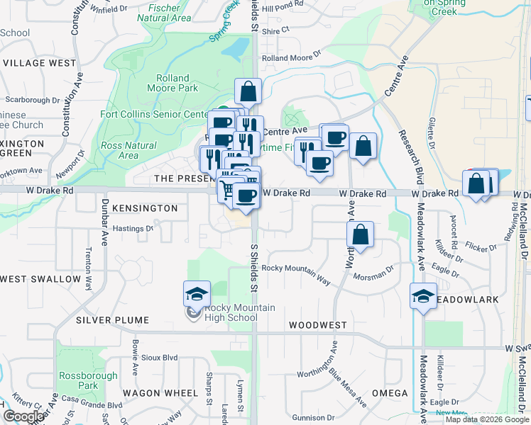 map of restaurants, bars, coffee shops, grocery stores, and more near in Fort Collins