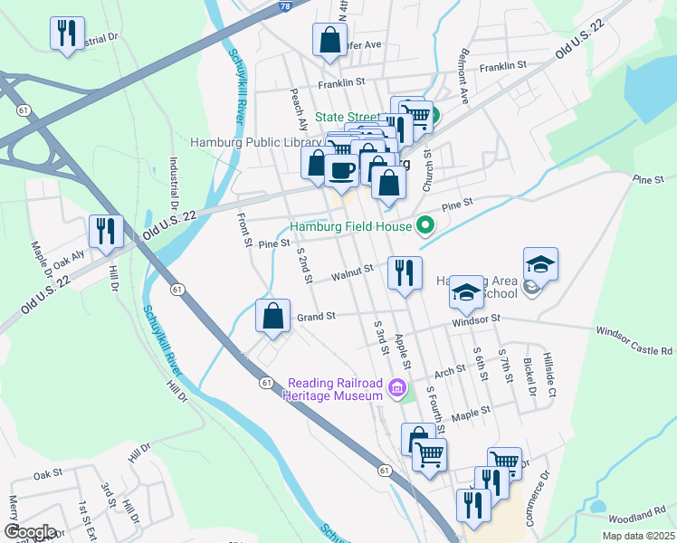 map of restaurants, bars, coffee shops, grocery stores, and more near 280 Grand Street in Hamburg
