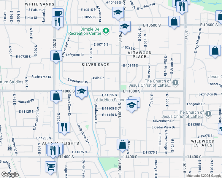 map of restaurants, bars, coffee shops, grocery stores, and more near 958 Chapada Circle in Sandy