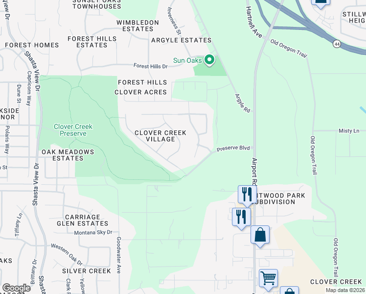 map of restaurants, bars, coffee shops, grocery stores, and more near 3849 Colby Trail in Redding