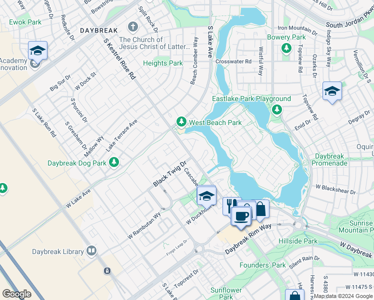 map of restaurants, bars, coffee shops, grocery stores, and more near Kestrel Rise Road in South Jordan