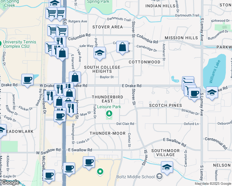 map of restaurants, bars, coffee shops, grocery stores, and more near 449 East Drake Road in Fort Collins