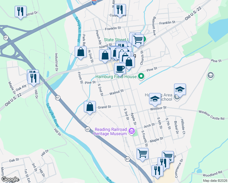 map of restaurants, bars, coffee shops, grocery stores, and more near 238 Pine Street in Hamburg