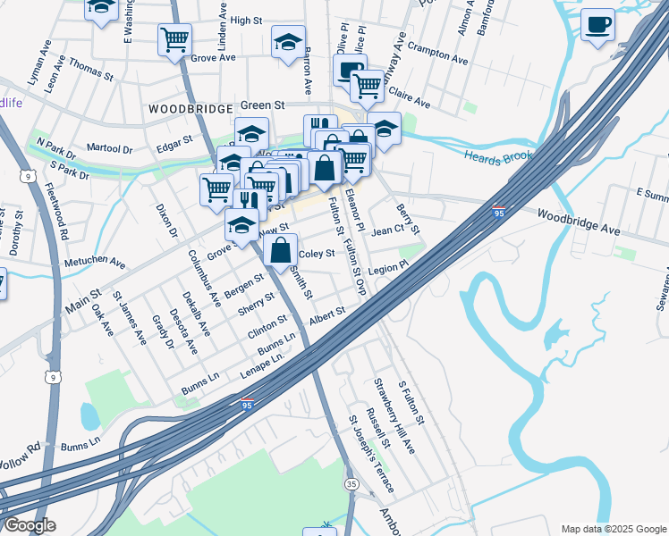 map of restaurants, bars, coffee shops, grocery stores, and more near 66 Spring Street in Woodbridge Township
