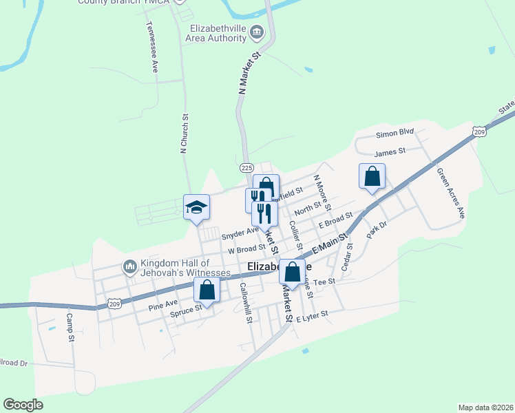 map of restaurants, bars, coffee shops, grocery stores, and more near North Market Street in Elizabethville