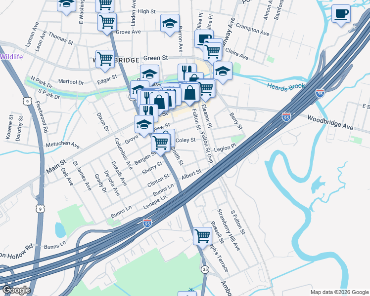map of restaurants, bars, coffee shops, grocery stores, and more near 74B Coley Street in Woodbridge Township