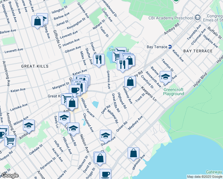 map of restaurants, bars, coffee shops, grocery stores, and more near 3791 Amboy Road in Staten Island