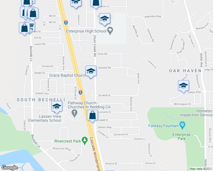 map of restaurants, bars, coffee shops, grocery stores, and more near 1040 Michael Lane in Redding