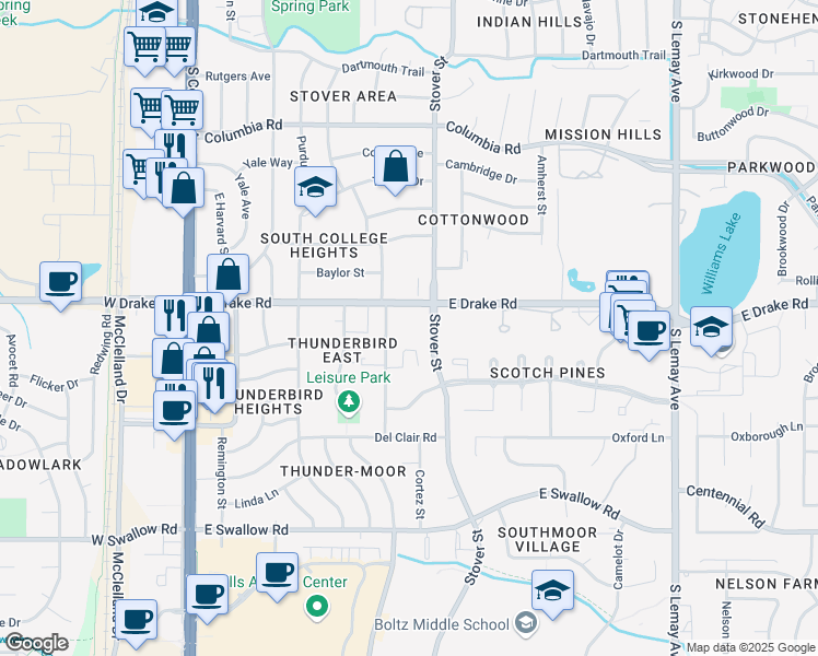 map of restaurants, bars, coffee shops, grocery stores, and more near in Fort Collins