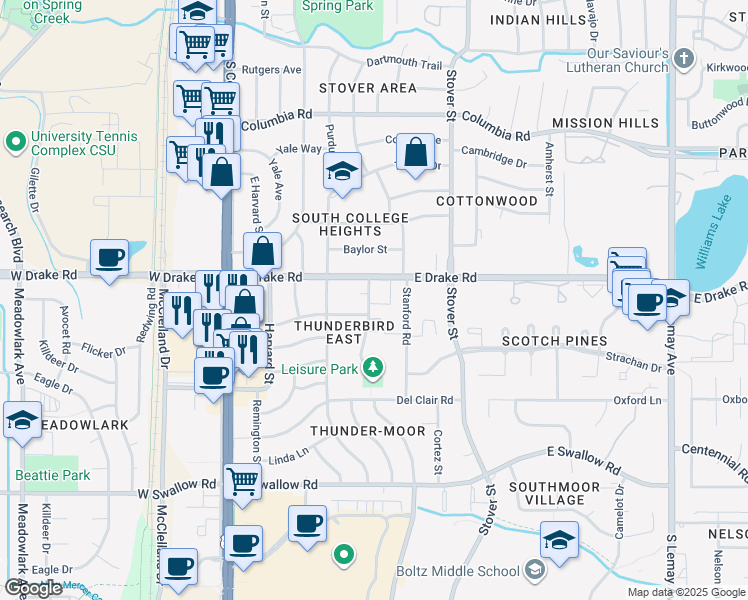 map of restaurants, bars, coffee shops, grocery stores, and more near 2600 Leisure Drive in Fort Collins