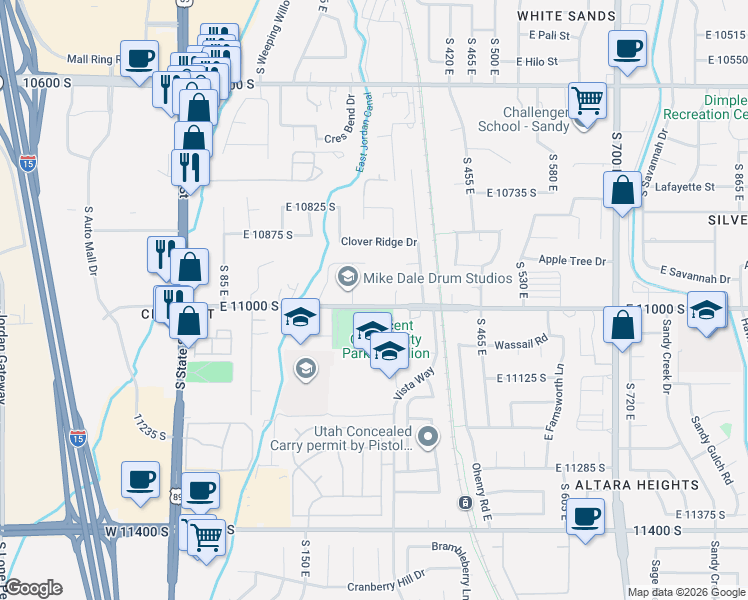 map of restaurants, bars, coffee shops, grocery stores, and more near 10961 East Sophie Lane in Sandy