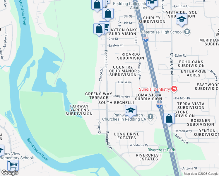 map of restaurants, bars, coffee shops, grocery stores, and more near 3717-3725 Bechelli Lane in Redding