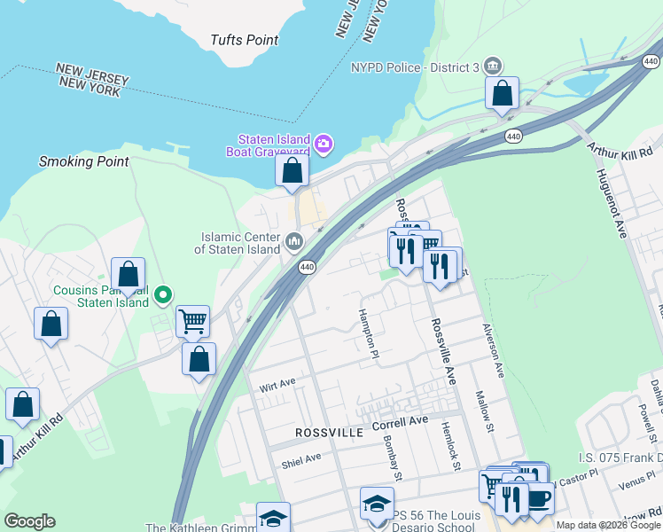 map of restaurants, bars, coffee shops, grocery stores, and more near 80B Poplar Avenue in Staten Island