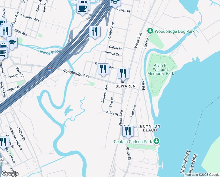 map of restaurants, bars, coffee shops, grocery stores, and more near 79 Woodbridge Avenue in Woodbridge Township