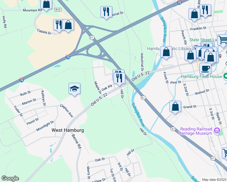 map of restaurants, bars, coffee shops, grocery stores, and more near 61 Diamond Drive in Hamburg