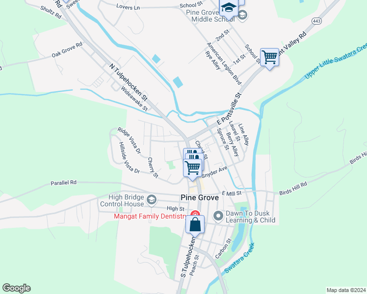 map of restaurants, bars, coffee shops, grocery stores, and more near 36 North Tulpehocken Street in Pine Grove