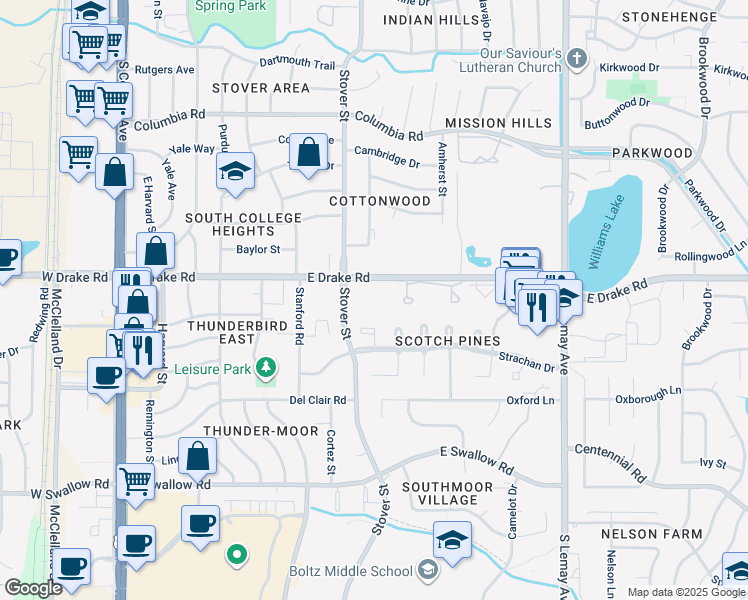 map of restaurants, bars, coffee shops, grocery stores, and more near 705 East Drake Road in Fort Collins