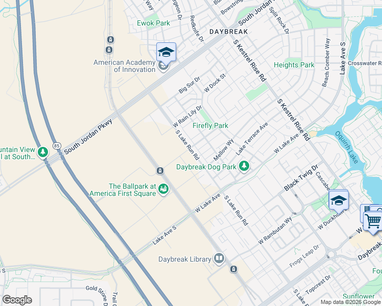 map of restaurants, bars, coffee shops, grocery stores, and more near 10978 South Lake Run Road in South Jordan