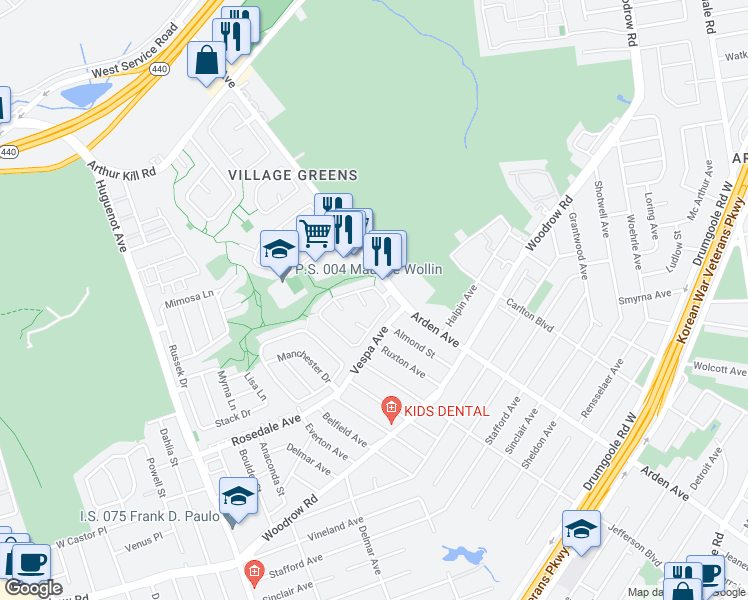 map of restaurants, bars, coffee shops, grocery stores, and more near 6 Hickory Circle in Staten Island