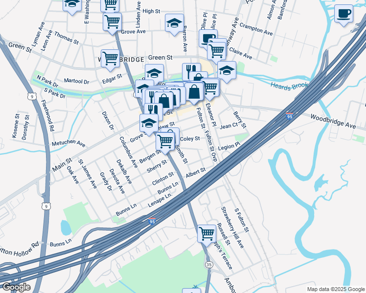 map of restaurants, bars, coffee shops, grocery stores, and more near 86 Spring Street in Woodbridge Township