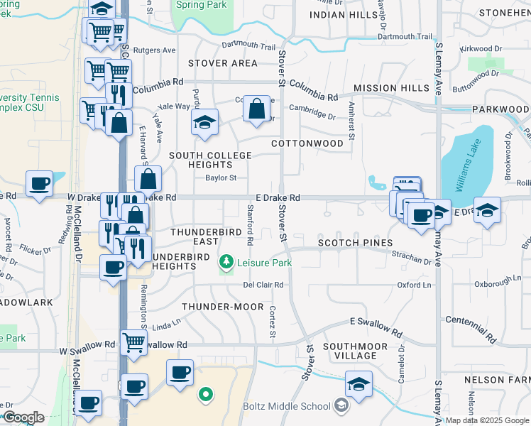 map of restaurants, bars, coffee shops, grocery stores, and more near in Fort Collins