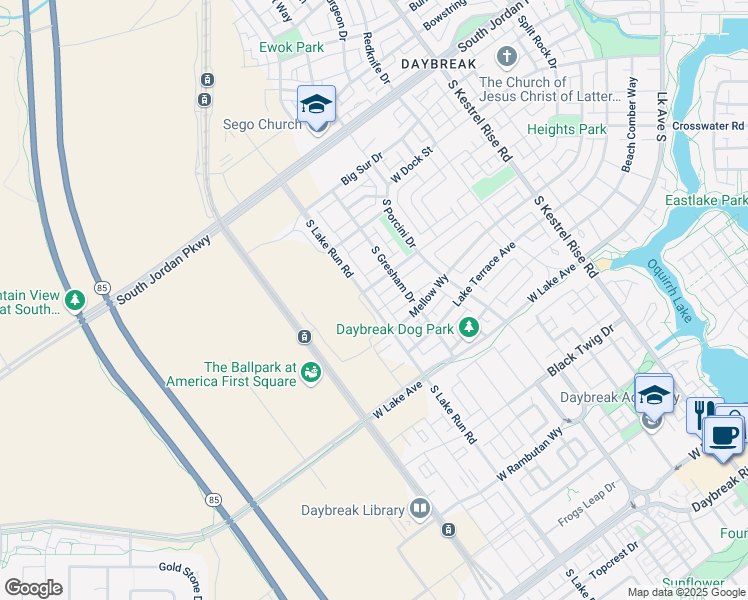 map of restaurants, bars, coffee shops, grocery stores, and more near 10983 South Lake Run Road in South Jordan