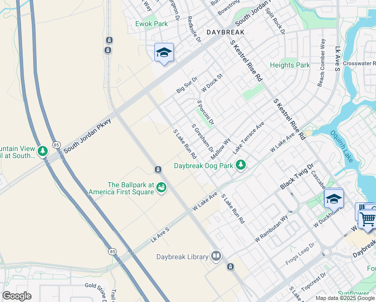 map of restaurants, bars, coffee shops, grocery stores, and more near 10976 South Lake Run Road in South Jordan