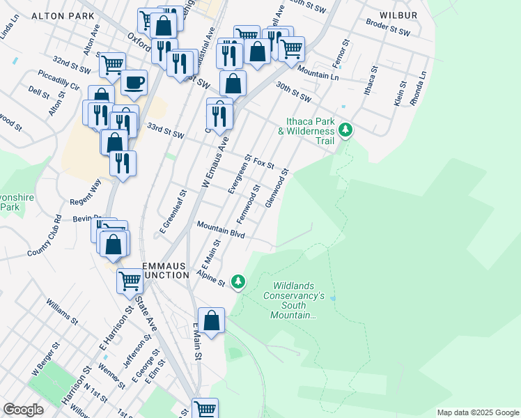 map of restaurants, bars, coffee shops, grocery stores, and more near 719 Glenwood Street in Emmaus