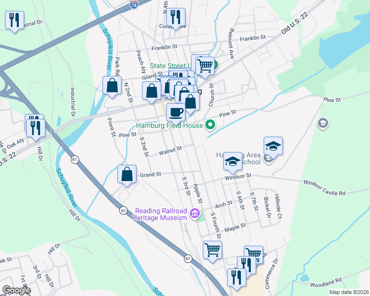 map of restaurants, bars, coffee shops, grocery stores, and more near 241 Apple Street in Hamburg