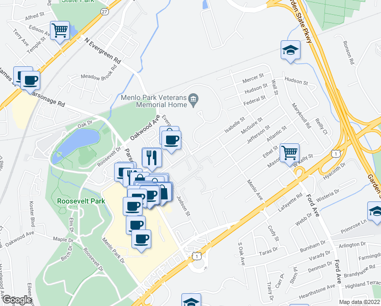 map of restaurants, bars, coffee shops, grocery stores, and more near 58 Isabelle Street in Edison